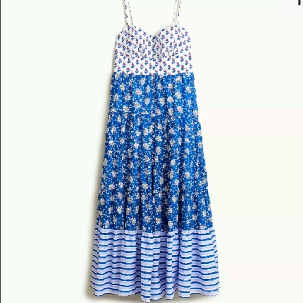 J. CREW Blue White Floral Block Print Smocked Patchwork CottonTiered Dress 4 NEW - Picture 1 of 11